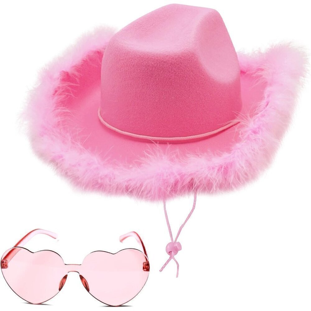 ❤️Women Pink Hat  with feathers With Heart Shaped Sunglasses for Party Dress Up